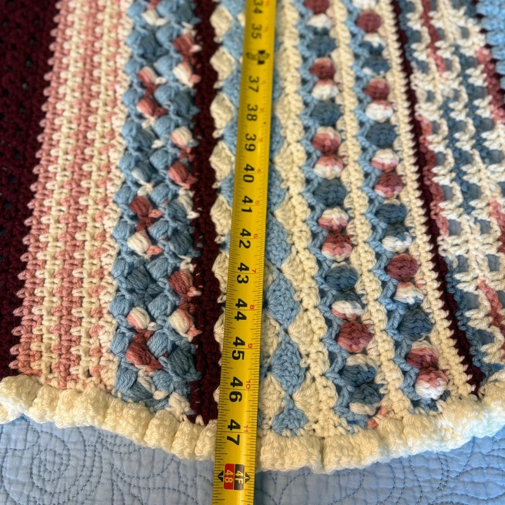 Handmade Crochet Sampler Afghan Throw Blanket Blue Pink Cream Ruffle Trim 47x47